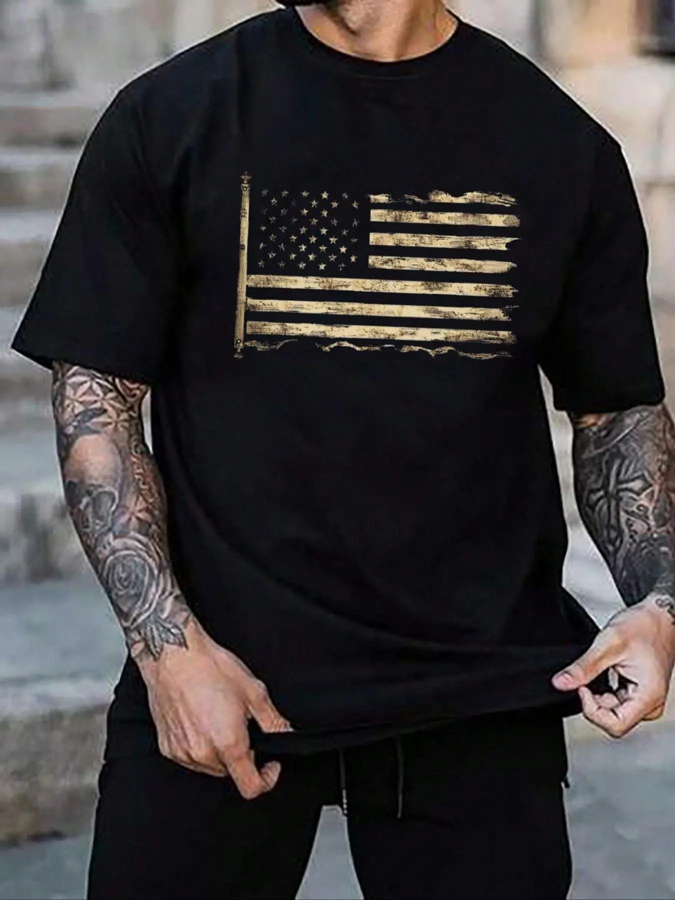 Unisex's American Flag Print Round Neck Graphic Tee, Regular Fit Casual Short Sleeve T-shirt for Daily Wear, Men's Top for All Seasons