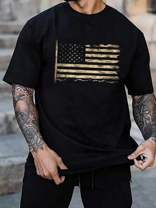 Unisex's American Flag Print Round Neck Graphic Tee, Regular Fit Casual Short Sleeve T-shirt for Daily Wear, Men's Top for All Seasons