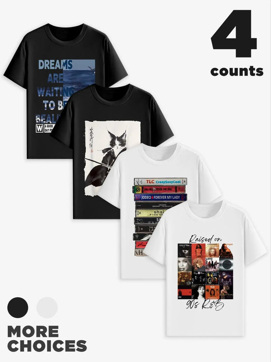 Unisex's Cat & Letter Print Round Neck Graphic Tee, Regular Fit Casual Short Sleeve T-shirt for Summer, Unisex's Top for Daily Wear