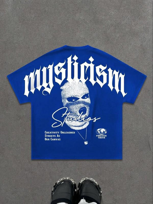 Unisex's Myysticism Letter Print Short Sleeve Graphic Tee, Casual Comfy Street Fashion T-shirt for Daily Wear, Unisex Top for Summer, Man