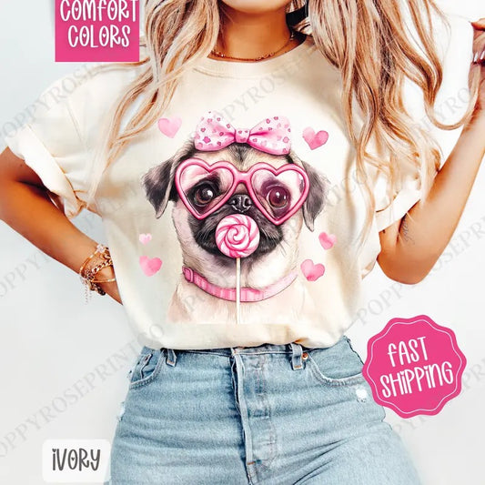 Valentine Pug Shirt Comfort Colors, Valentine's Day Women's Tee, Cute Women's Tshirt