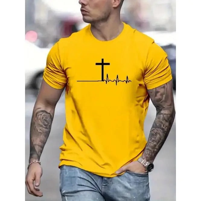 Vibrant Cross Print Short Sleeve T-Shirt for Men - Soft Medium Stretch Polyester Crew Neck Tee for Summer