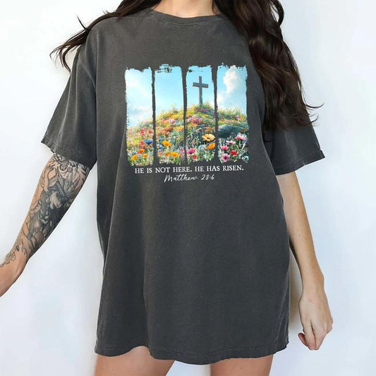 Wildflower He Is Risen Comfort Colors Shirt, Aesthetic Easter Christian T-shirt, Faith Graphic Tee, Jesus Bible Verse Clothing, Spring Easter Outfits