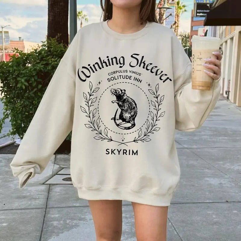 Winking Skeever SKYRIM Sweatshirt, Skyrim Merch, Solitude Skyrim Hoodie, Gamer Merch, Skyrim Gift, Video Game Shirt,...