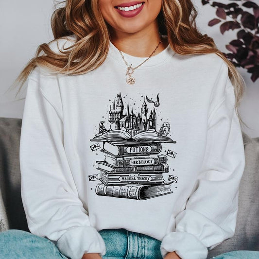 Wizard Bookstore Sweatshirt, Wizard Castle Books Hoodie, Wizard School Sweatshirt, Nerd Gift, Fun Magic Castle Shirt, Gift for Readers Womenswear Soft Crewneck Pullover Long Sleeves Graphic Fabric Sweater