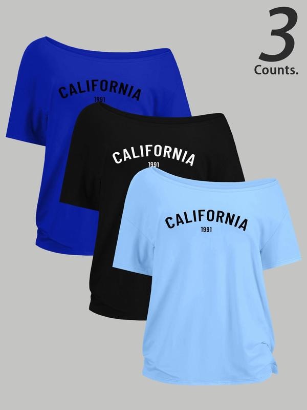 Women's "CALIFORNIA" Letter Print One Shoulder Tee, Casual Trendy Short Sleeve T-shirt for Daily Wear, Ladies Summer, Top...