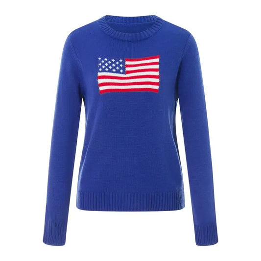 Women's American Flag Pattern Sweaters Casual Long Sleeve Crew Neck Loose Fit Ribbed Knit Jumper Round Neck Pullover Tops