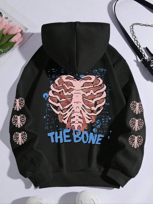 Women's Bone Graphic Print Drop Shoulder Drawstring Hoodie, Casual Pocket Long Sleeve Hooded Sweatshirt, Ladies Fall & Winter Clothes For Daily Wear