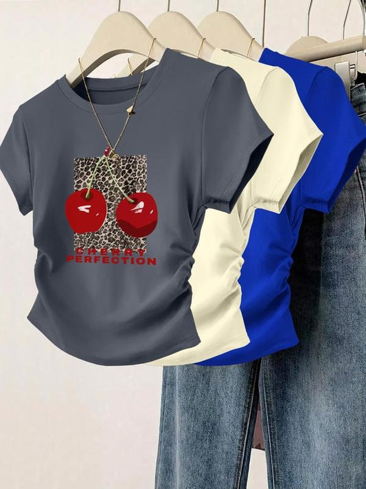 Women's Cherry Print Round Neck Tee, Casual Short Sleeve T-shirt for Daily Wear, Ladies Clothes for All Seasons, Top