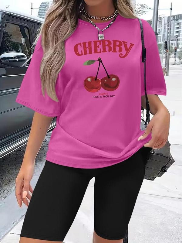 Women's Cherry and  Letter Print Short Sleeve Tee & Skinny Shorts Two-piece Set, Casual Round Neck T-shirt & Shorts for Daily Wear, Ladies Two-piece Outfits for All Seasons