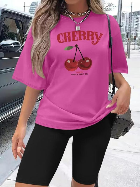 Women's Cherry and  Letter Print Short Sleeve Tee & Skinny Shorts Two-piece Set, Casual Round Neck T-shirt & Shorts for Daily Wear, Ladies Two-piece Outfits for All Seasons