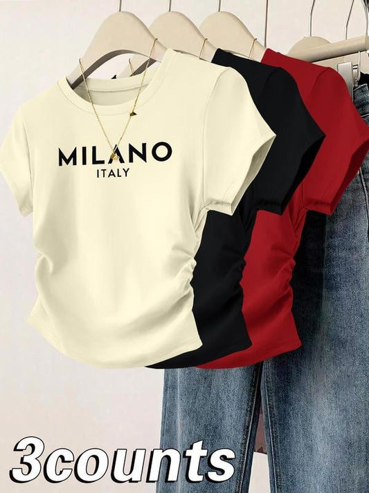 Women's Colorblock Letter Print Tee, Casual Short Sleeve Round Neck T-shirt for Daily Wear, Ladies Clothes for All Seasons, Top