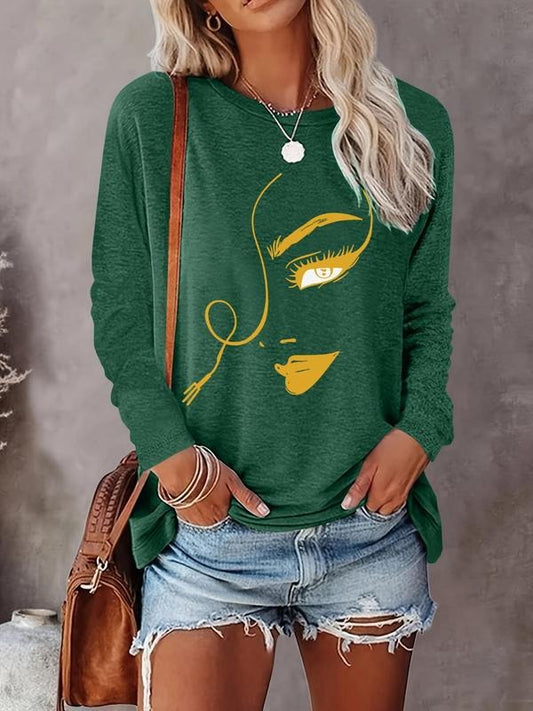 Women's Geometric Print Round Neck Sweatshirt, Casual Long Sleeve Crew Neck Pullover for Fall & Winter, Women's Clothes for Daily Wear