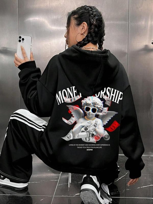 Women's Graphic Print Pocket Drawstring Hoodie, Fashion Casual Drop Shoulder Long Sleeve Hooded Sweatshirt for Daily Outdoor Wear, Women Fall & Winter Clothes