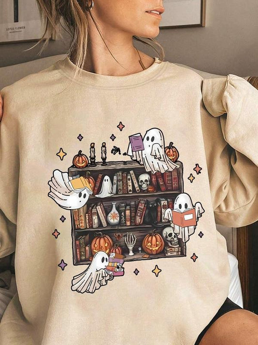 Women's Halloween Themed Ghost & Book Print Thermal Lined Sweatshirt, Casual Long Sleeve Round Neck Pullover for Daily Wear, Ladies Clothes for All Seasons