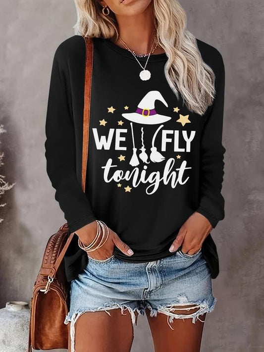 Women's Halloween Themed Letter Graphic Print Tee, Casual Long Sleeve Crew Neck T-shirt for Spring & Fall, Women's Top for Daily Wear