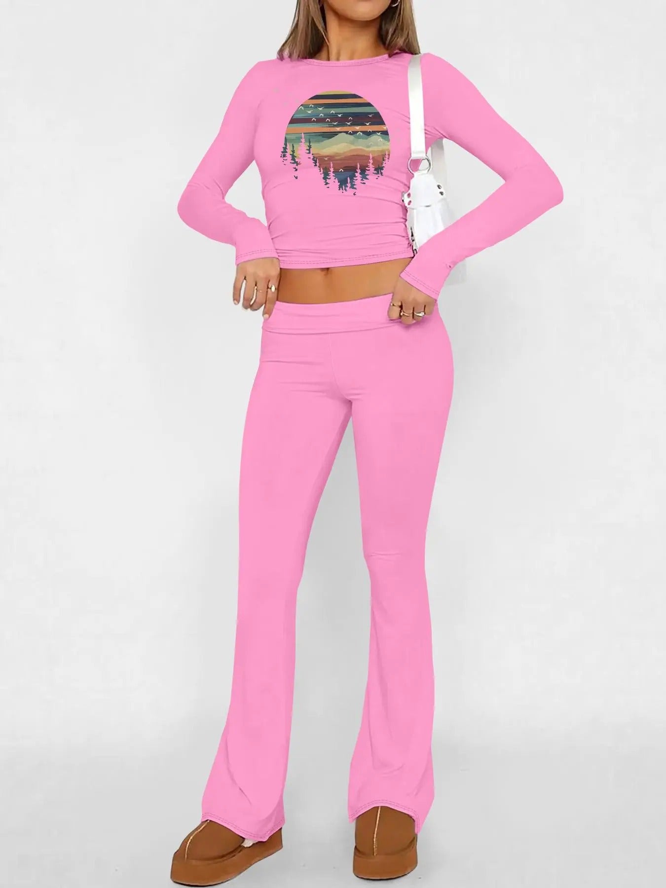 Women's Landscape Print Crop Top & Flare Leg Pants Two-piece Set, Casual Fashion Cozy Top & Bell Bottom Trousers for Daily Outdoor Wear, Ladies Clothes for Fall