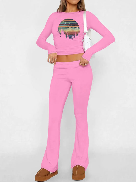 Women's Landscape Print Crop Top & Flare Leg Pants Two-piece Set, Casual Fashion Cozy Top & Bell Bottom Trousers for Daily Outdoor Wear, Ladies Clothes for Fall