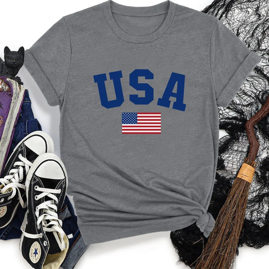 Women's Letter & American Flag Print Round Neck Tee, Casual Short Sleeve Crew Neck T-shirt for Daily Wear, Women's Clothing for All Seasons
