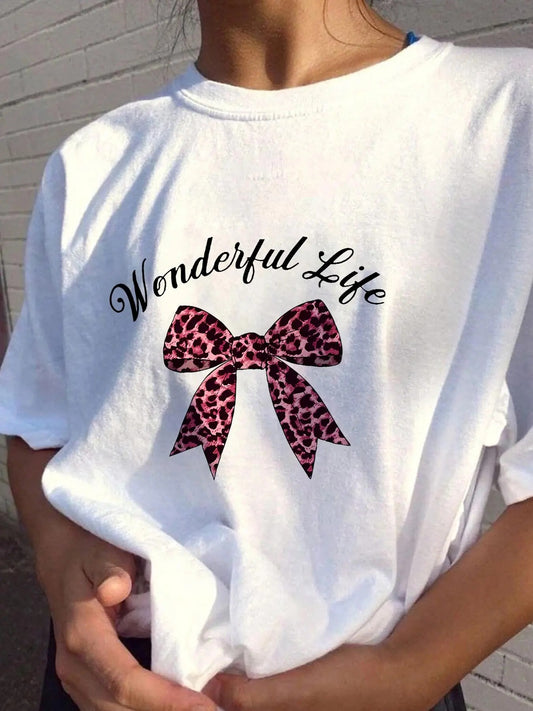 Women's Letter & Bow Print Round Neck Tee, Casual Short Sleeve Graphic T-shirt for All Seasons, Women's Top for Daily Wear