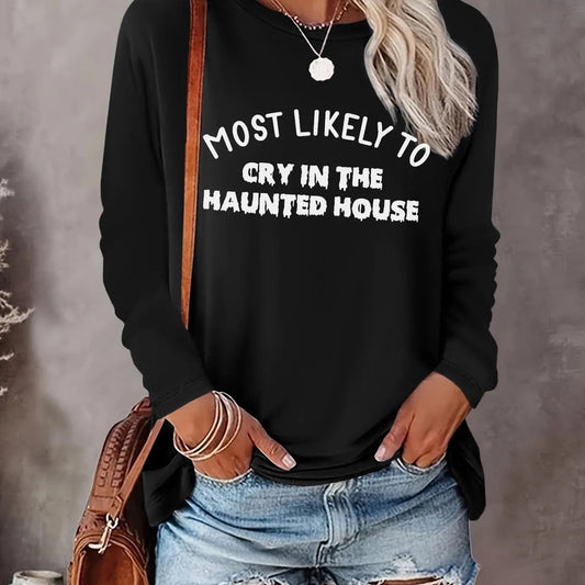 Women's Letter Print Round Neck Tee, Casual Long Sleeve Crew Neck T-shirt for All Seasons, Fashion Women's Top for Daily Wear