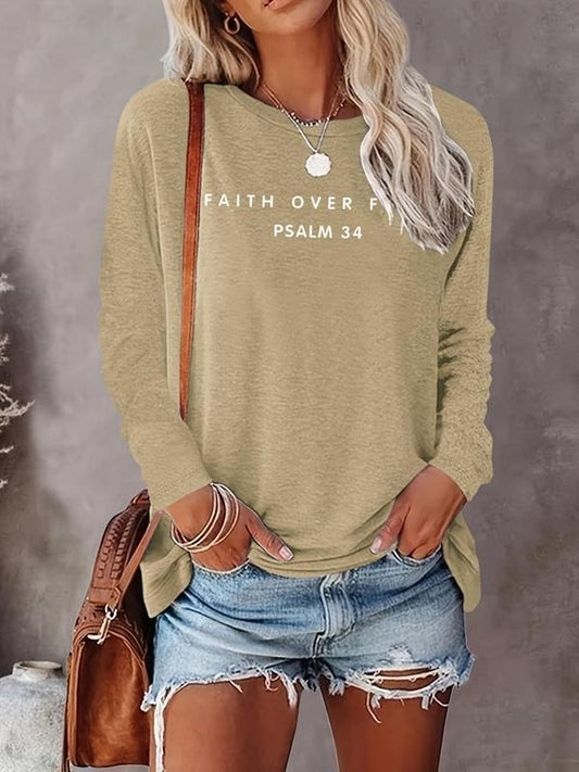 Women's Letter Print Round Neck Tee, Casual Long Sleeve Crew Neck Top for Fall & Winter, Women's Clothing for Daily Wearstyle{n002}2