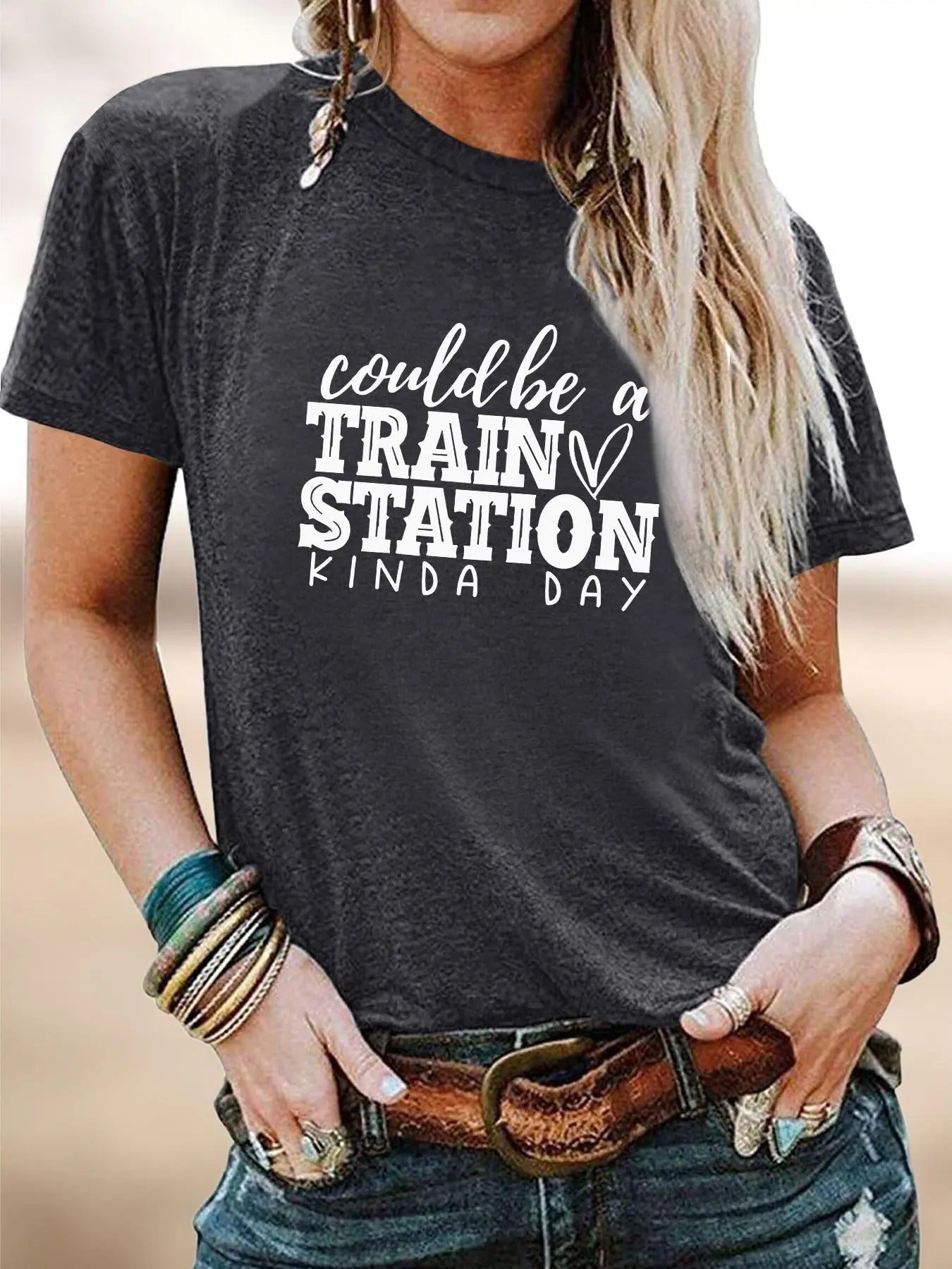 Women's Letter Print Round Neck Tee, Summer Clothes Women Fashion Casual Short Sleeve T-shirt for Daily Wear, Women Top for Summer