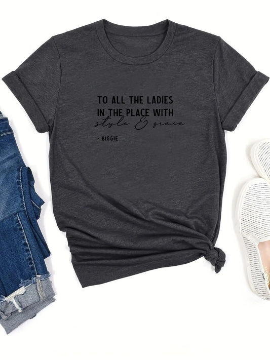 Women's Letter Print Short Sleeve T-Shirt, Summer Clothes Women, Casual Round Neck Graphic Tee for Summer, Women's Top for Daily Wear
