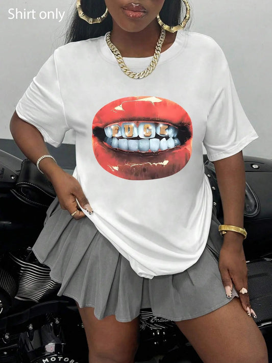 Women's Lip & Teeth Print Round Neck Graphic Tee, Fashion Casual Short Sleeve T-shirt for Daily Wear, Ladies Clothes for All Seasons