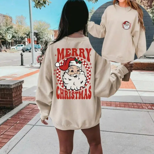 Women's Santa Claus & Letter Print Thermal Lined Sweatshirt, Casual Long Sleeve Round Neck Pullover for Fall & Winter, Ladies Clothes for Daily Wear
