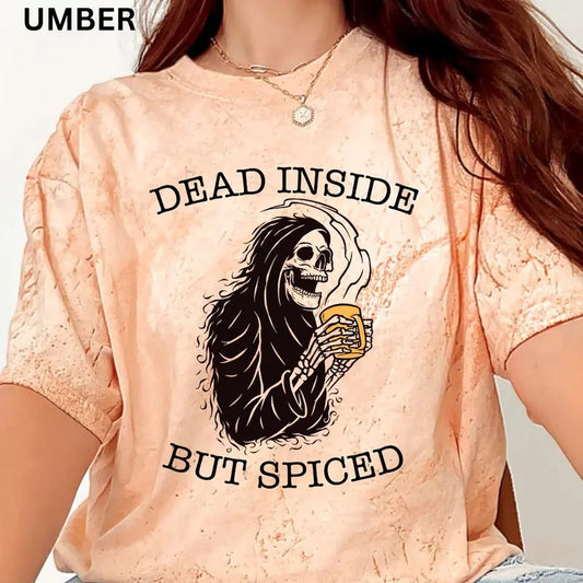 Women's Skeleton & Womens Halloween Graphic Tees, Dead Inside But Spiced Skeleton, Casual Half Sleeve Round Neck T-shirt, Summer Clothes Women,