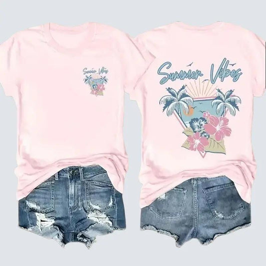 Women's Summer Vibes Graphic T-Shirt, Casual Crew Neck Polyester Knit Top, Short Sleeve Regular Length Floral Print Tee