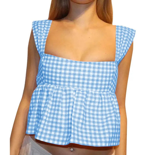 Women's Tie Back Tank Tops Classic Plaid Print Sleeveless Square Neck Ruffle Vest Summer Shirts