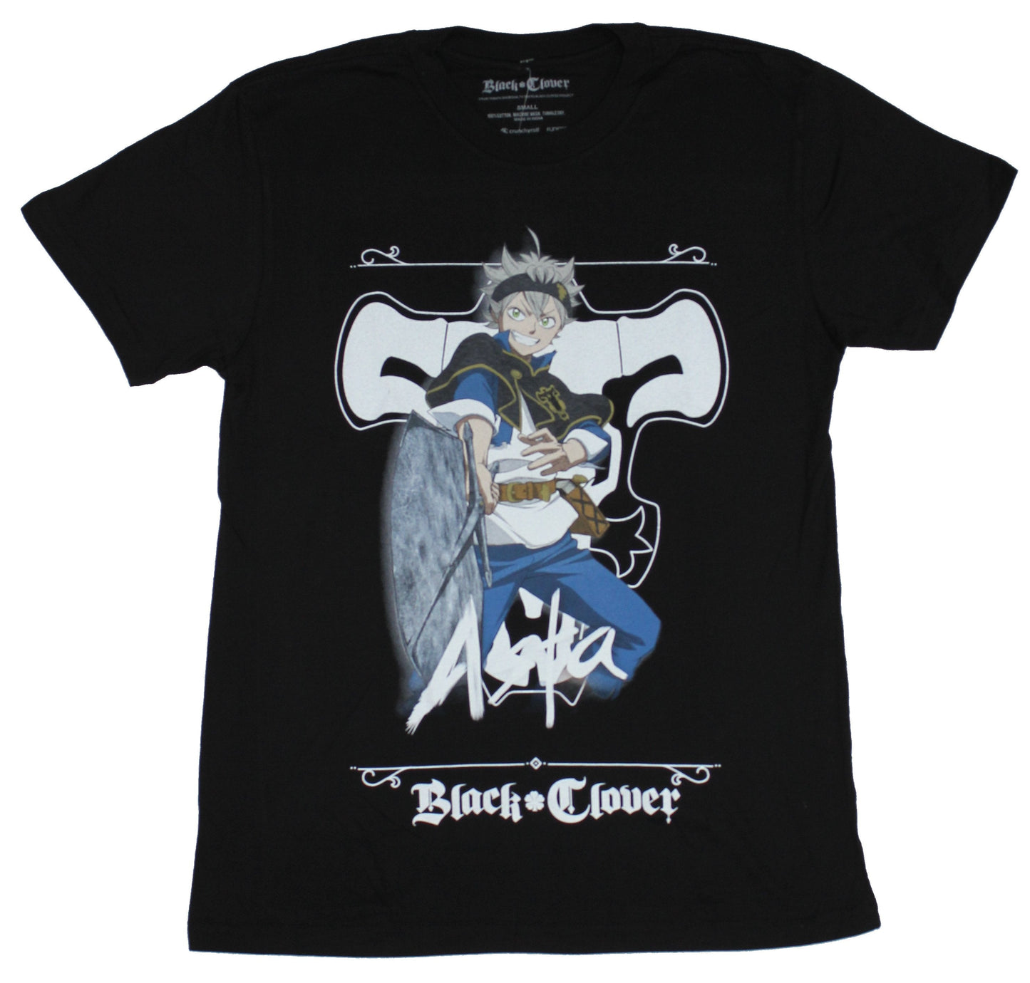 Black Clover Mens T-Shirt - Colorful Smiling Asta Image Over Symbol