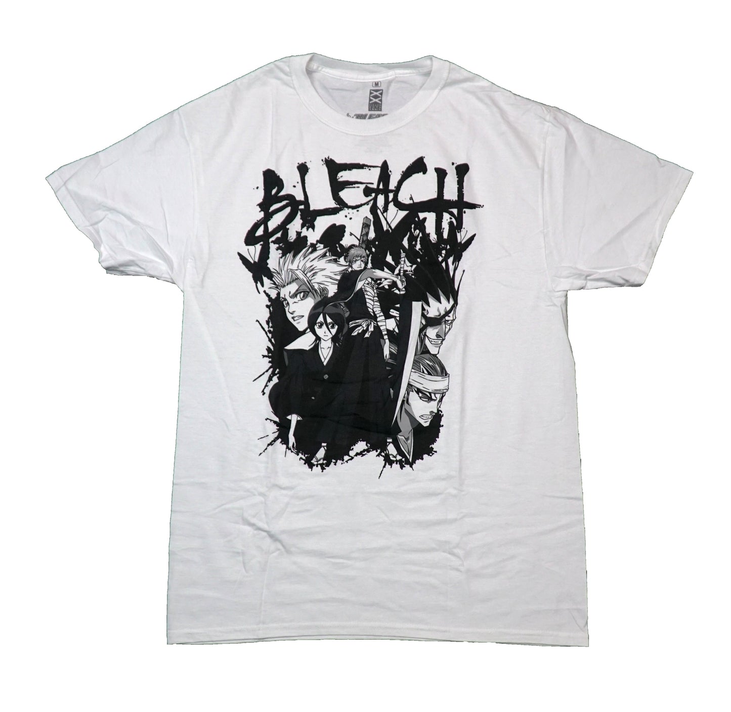 Bleach Mens T-Shirt - Black and White Splatter Cast Under Name