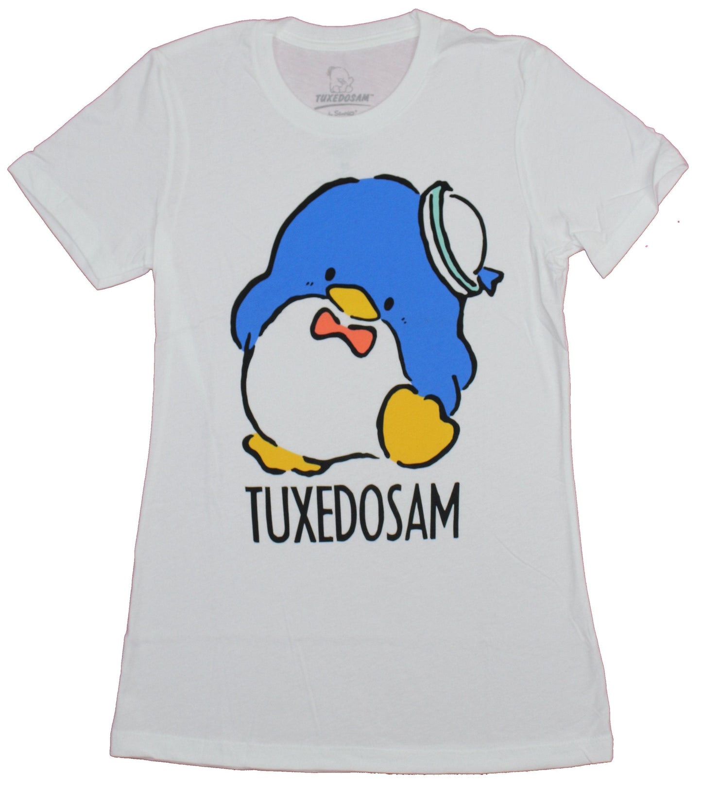 Tuxedosam Girls Juniors T-Shirt -Sanrio's Blue Penguin Over Title