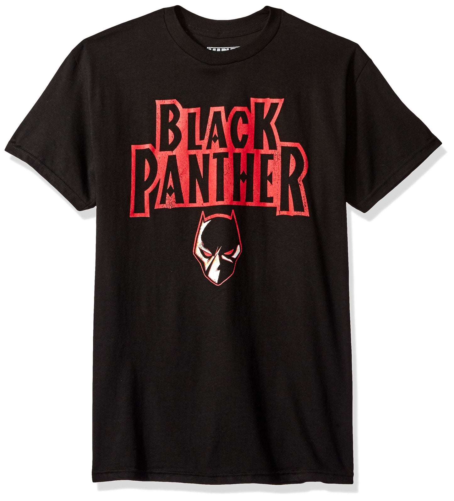 Black Panther Mens T-Shirt - Mask Logo Under Red Name Title (Medium) Black