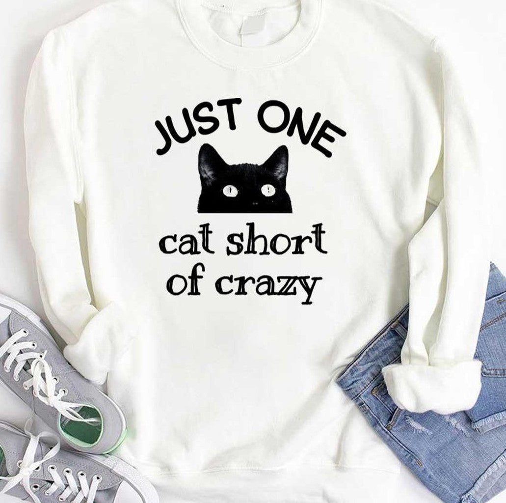 One Cat Short Of Crazy Funny Quote Black Cat Unisex T-Shirt Hoodie, Sweatshirt | VibeTeeNation.com (Image 3)