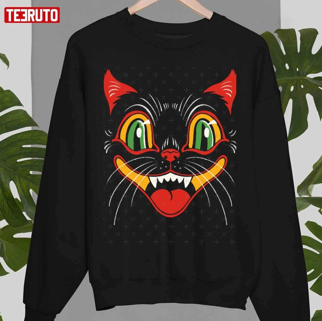 Retro Vintage Halloween Decor Black Cat Face Unisex T-Shirt Hoodie, Sweatshirt | VibeTeeNation.com (Image 3)