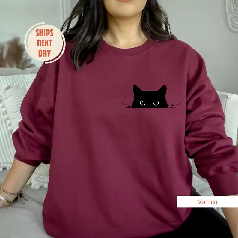Cat Sweatshirt, Cute Cat Sweatshirt, Black Cat Shirt, Cat Peeking Sweatshirt, Womens Funny Sweater, Gift for... (Image 3)