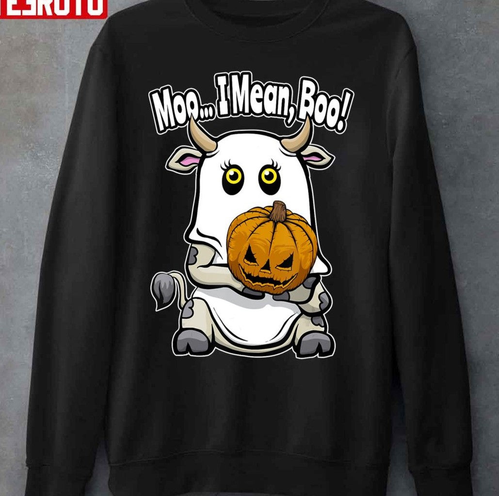 Moo I Mean Boo Ghost Cow Lover Halloween Pumpkin Unisex Sweatshirt T-Shirts, Hoodie | VibeTeeNation.com (Image 1)