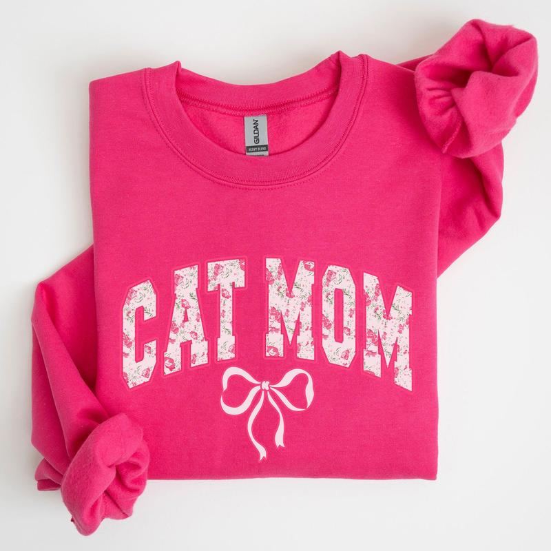 Cat Mom, Coquette, Pink Bows, Trend, Girly, Soft Girl Era Sweatshirt, Women's Crew Neck, Crewneck Casual... (Image 1)