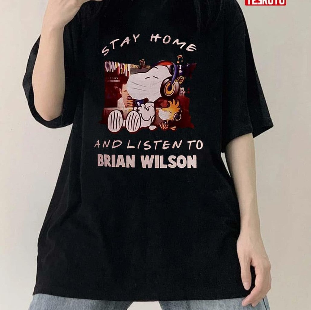 Snoopy Stay Home And Listen To Brian Wilson Unisex T-Shirt Hoodie, Sweatshirt | VibeTeeNation.com (Image 1)