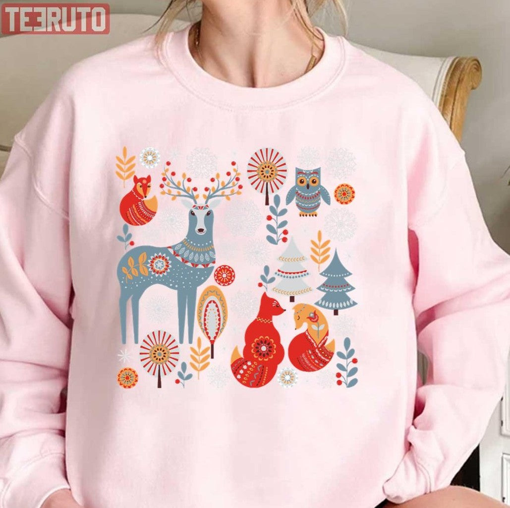 Scandinavian Christmas Pattern Deer Owls Foxes Trees Unisex Sweatshirt T-Shirts, Hoodie | VibeTeeNation.com (Image 1)