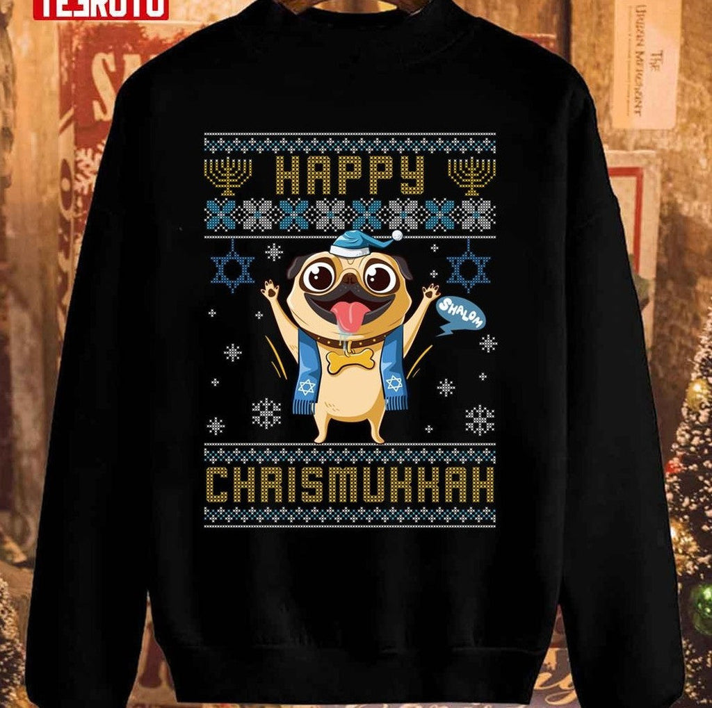 Pug Hanukkah Christmas Happy Chrismukkah Funny Unisex Sweatshirt T-Shirts, Hoodie | VibeTeeNation.com (Image 2)