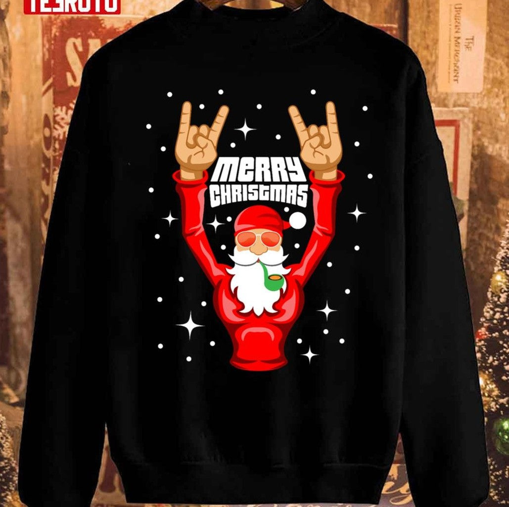 Rock And Roll Christmas Santa Claus Rocker Vintage Sweatshirt T-Shirts, Hoodie | VibeTeeNation.com (Image 1)