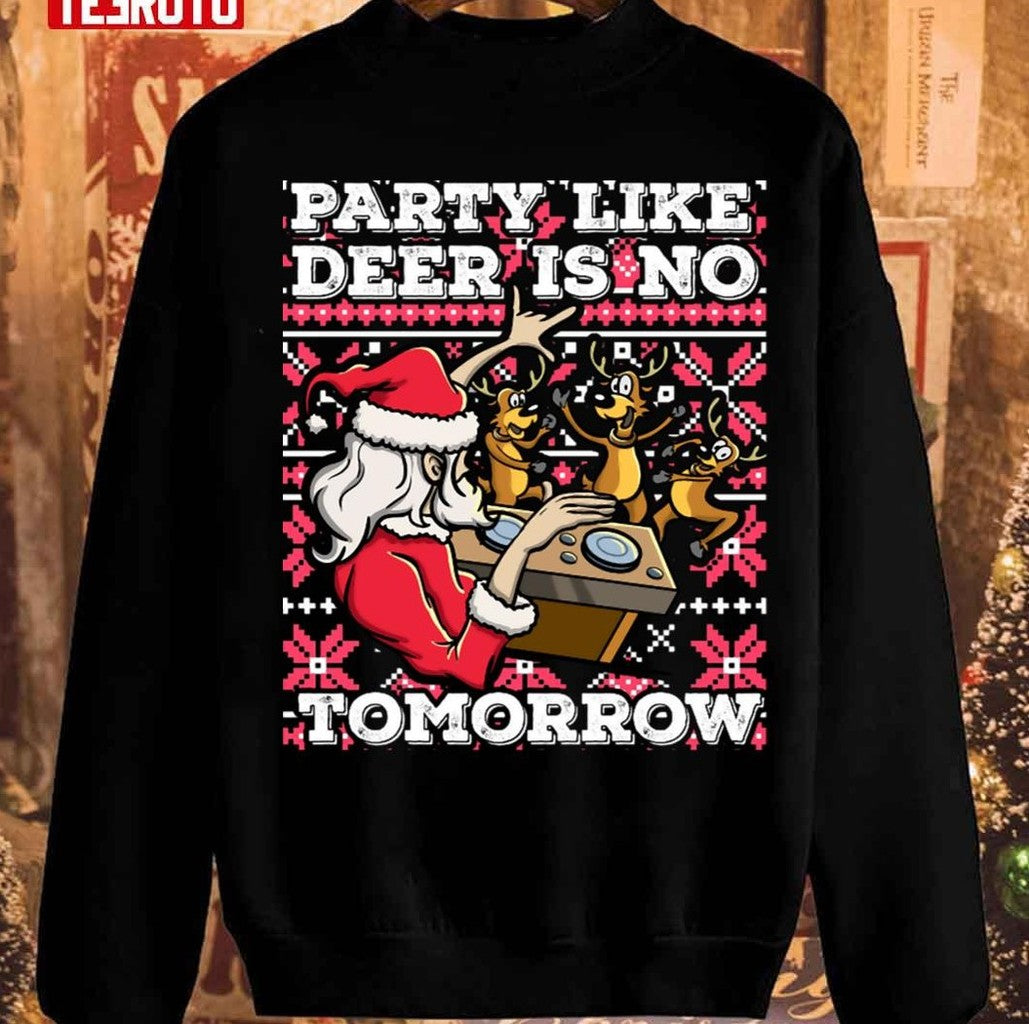 Santa Claus Deer Dj Dancing Reindeer Party Fun Christmas Pun Unisex Sweatshirt T-Shirts, Hoodie | VibeTeeNation.com (Image 1)