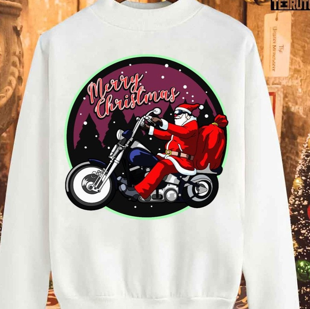 Santa Claus On Motorcycle Merry Christmas Unisex Sweatshirt T-Shirts, Hoodie | VibeTeeNation.com (Image 4)