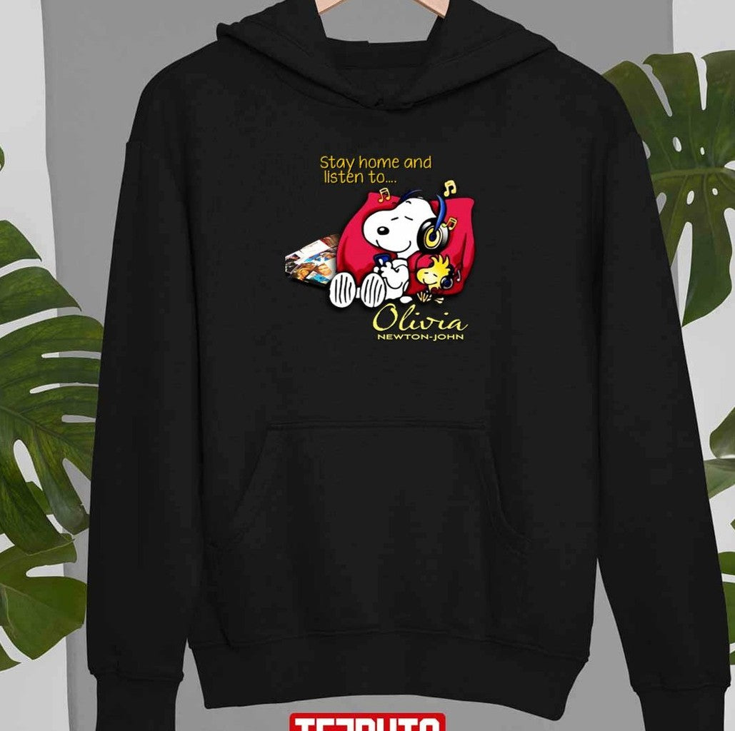 Stay Home And Listen To Olivia Newton-John Snoopy Unisex T-Shirt Hoodie, Sweatshirt | VibeTeeNation.com (Image 2)