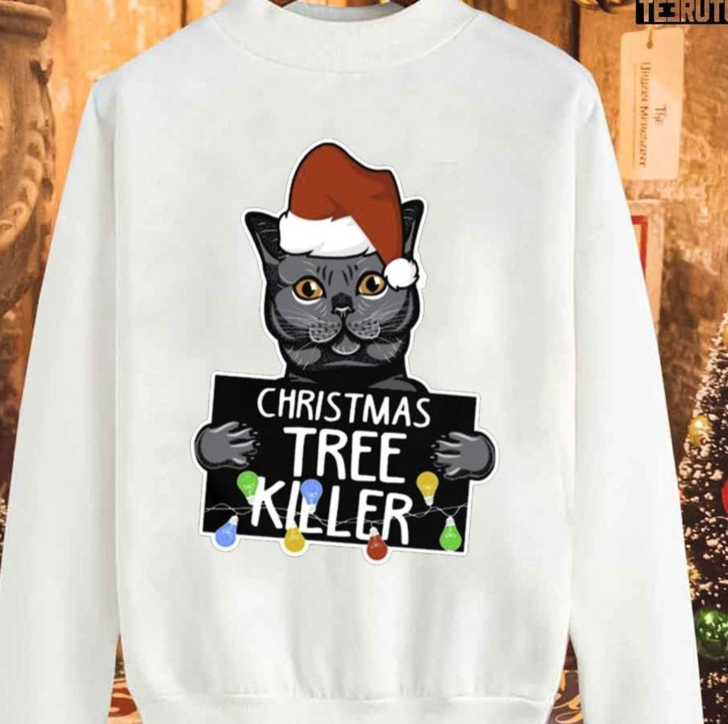 Santa Black Cat Christmas Tree Killer Mugshot Unisex Sweatshirt T-Shirts, Hoodie | VibeTeeNation.com (Image 1)